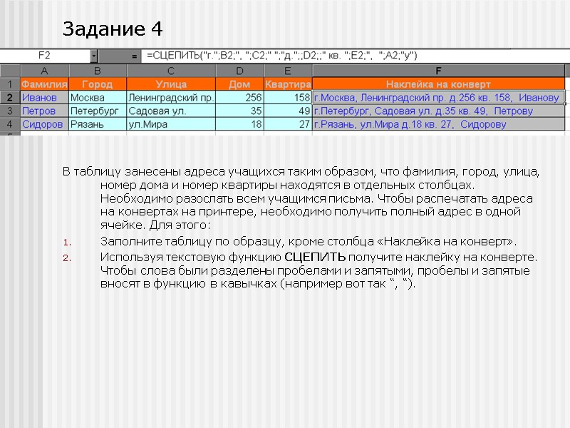 В таблицу занесены адреса учащихся таким образом, что фамилия, город, улица, номер дома и